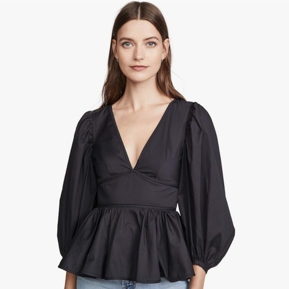 STAUD Tops - STAUD Luna Poplin V-Neck Open Back Puff Sleeve Top in Black